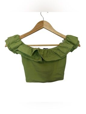 Zara Light Green Off-Shoulder Ruffle Crop Top